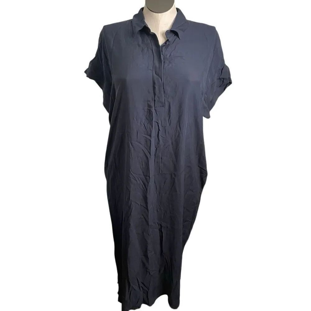 Chico’s Womens Popover Modal Midi Dress Size 2 Navy Blue Cap Sleeve Pockets